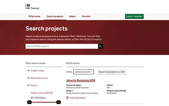 screenshot of the EMI project search